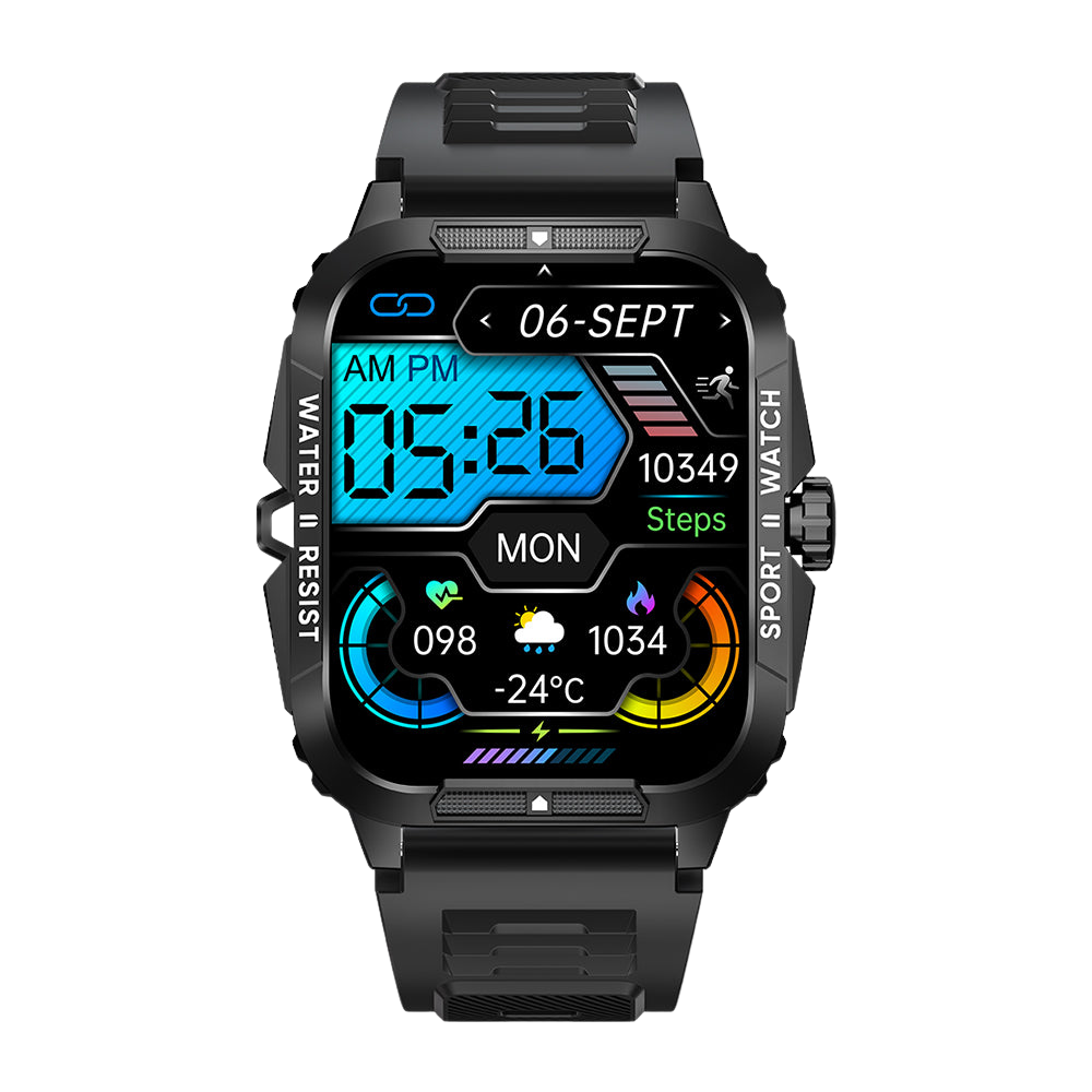 Chytré hodinky COLMI P76 1,96" pro venkovní sporty a fitness, 3ATM, vodotěsné, černá přední strana